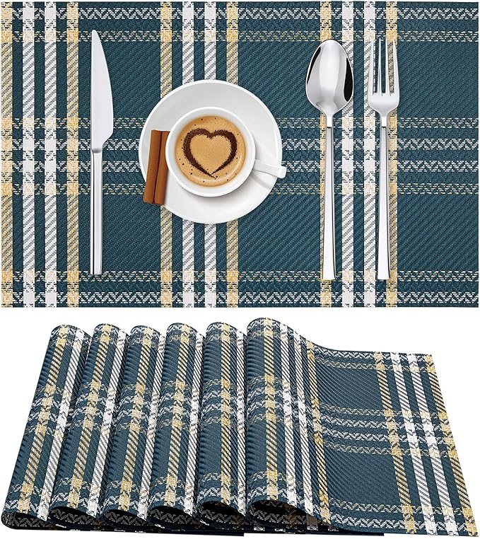 Placemats Set of 6, Washable Vinyl Place Mats Heat Resistant PVC Weave Table Mats for Dining Table Decoration Indoor/Outdoor Non-Slip Easy to Clean (Blue)