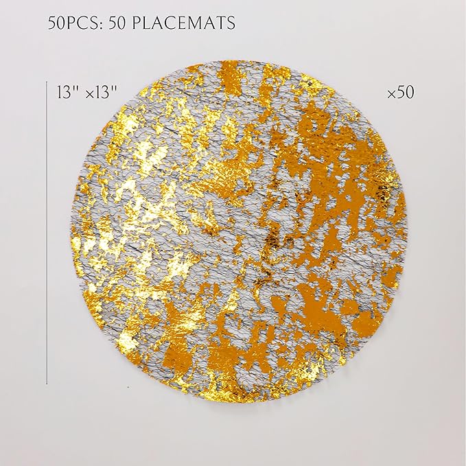 Snowkingdom 50 Pcs Black Gold Placemats, Disposable Thanksgiving 13 inch Round Place mats, Gold Metallic Glitter Foil Maple Leaves Kitchen Dining Table Mats for Autumn Harvest Party Decor