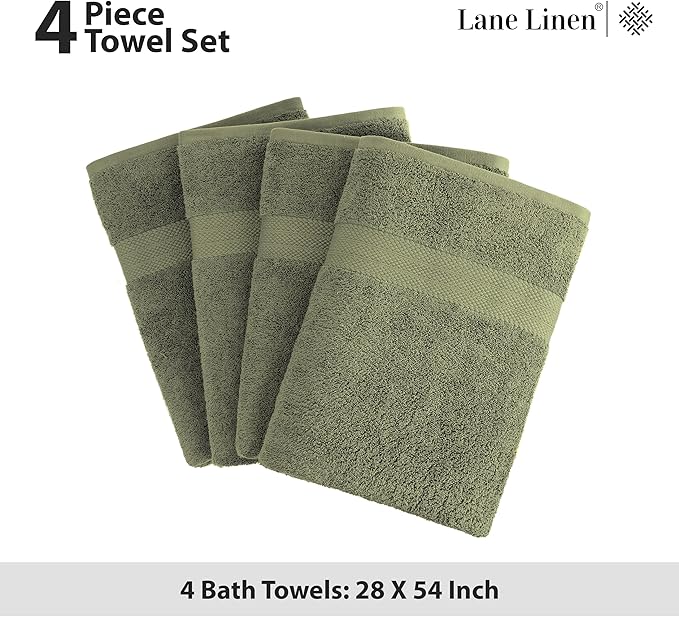 LANE LINEN 4 PCs Bath Towels Set (28"x54") - 100% Ring Spun Cotton Bathroom Towels Set - Quick Dry, Ultra Soft & Absorbent, Durable Large Bath Towels - Tumble Dry Regains Fluffiness - Oil Green