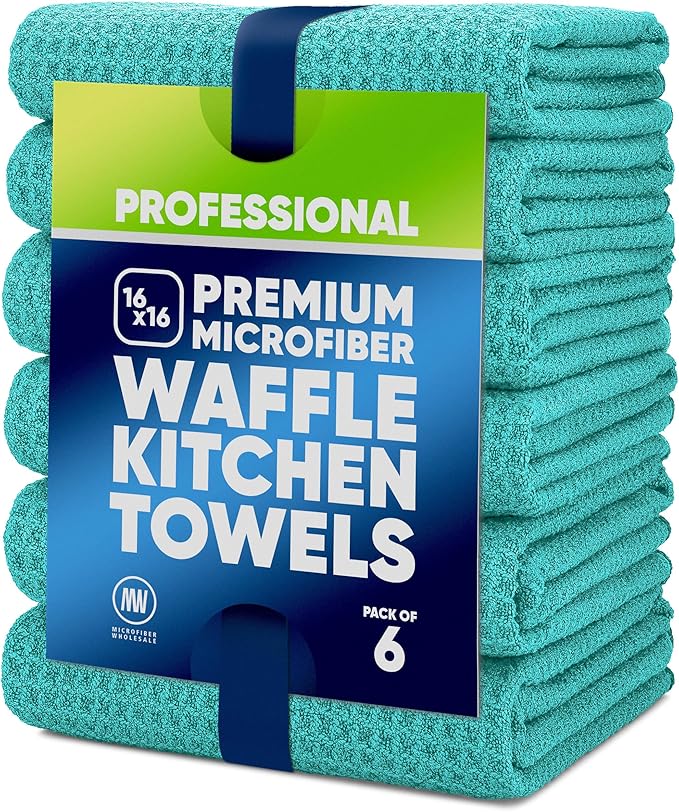 Kitchen Towels - Microfiber Waffle Weave Towels | Absorbent, No Lint, Thick, Reusable, Commercial, Soft, Hand, Tea, Glass, Bar, Sublimation Blank, Polyester Cloths (Green, 16 x 16 (6 Pack))
