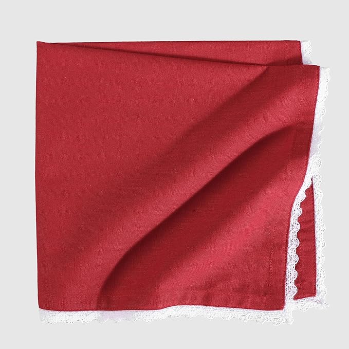 FINGERCRAFT Dinner Cloth Napkin Cotton Blend 12 Pack Vintage Rustic Premium Quality Mitered Corners Napkin Cloth with Elegant Lace for Everyday Use, Pre Shrunk and Good Absorbency 20x20 in Tango Red