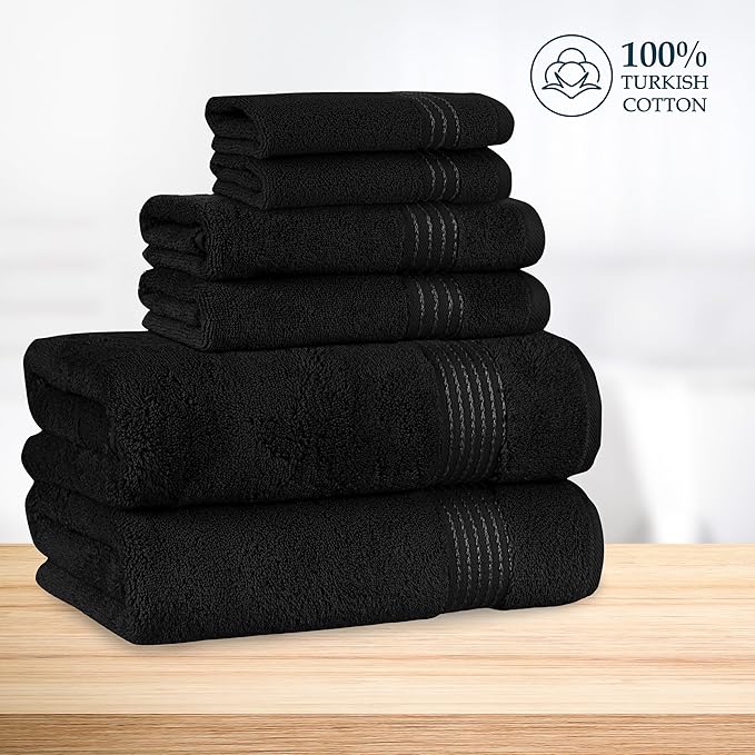 Mocassi Luxury 100% Turkish Cotton 6-Piece Towel Set - Ultra Soft, Quick Dry Highly Absorbent Premium Spa Hotel Quality Bath Towels, Includes 2 Bath Towels, 2 Hand Towels and 2 Washcloths, Black