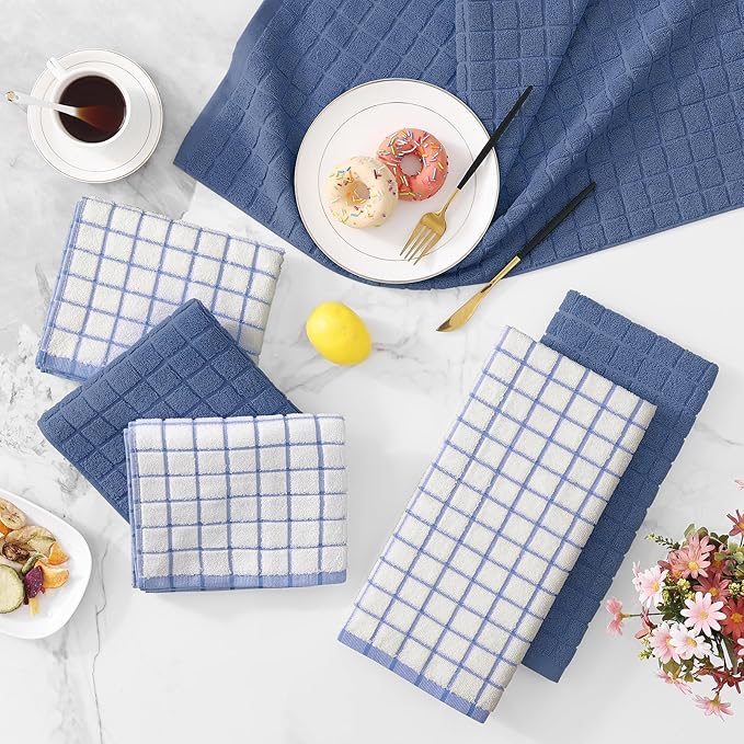 Homaxy Premium Cotton Kitchen Towels 16"x 28", Large Natural Ring Spun 390 GSM Dish Towels, Super Absorbent Terry Kitchen Hand Towels, Soft Tea Towels with Hanging Loop, Navy Blue Check Design, 8 Pack