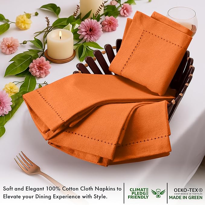 Ruvanti Cloth Napkins Set of 12, 100% Cotton High GSM 18x18 Inches, Hem Stitched Corners, Soft, Washable, Highly Durable & Absorbent, Perfect for Parties, Christmas, Thanksgiving Dinners – Orange Peel