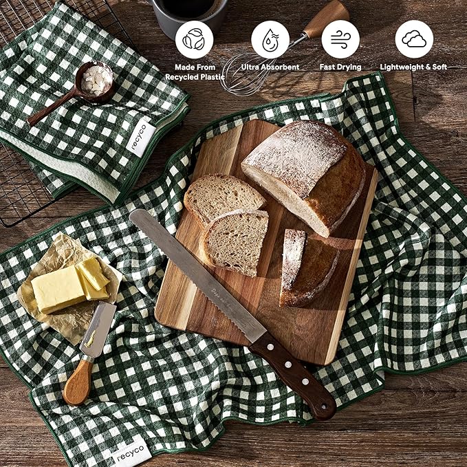 RECYCO Waffle Kitchen Towel Set of 2 - Quick Dry Microfiber Sustainable Dish Towels - Ultra Absorbent Reusable Cleaning Tea Towels - Lightweight Hand Towels,16”x 28”, Pine Green Plaid