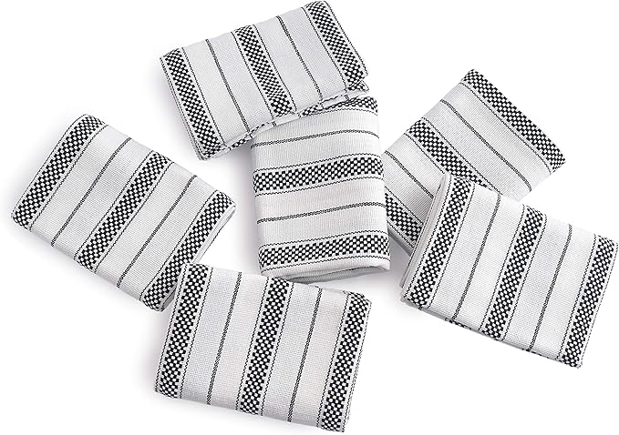 Kitchen Towels Set – Pack of 6 (20’’ x 30’’) Extra Large Premium Cotton Dish Towels for Kitchen – Chain Stripe Towels – Absorbent – 100% Cotton – with Hanging Loop – Black