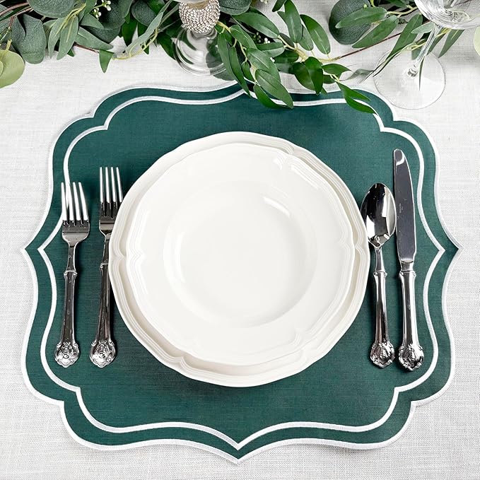 Cotton Linen Placemats Set of 4 - Double Layered, Machine Washable, Wrinkle Resistance, Scalloped & Embroidered Cloth Table Mats - Spring, Summer Mat, Gift for Mom, 19 x 17 inch, Green