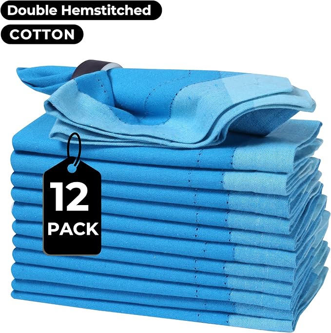 Bedding Craft Cotton Cloth Napkins Set of 12 – 20x20 Teal Blue Multi Double Hemstitched – Machine Washable Dinner Napkins for Weddings, Parties & Father’s Day Celebrations