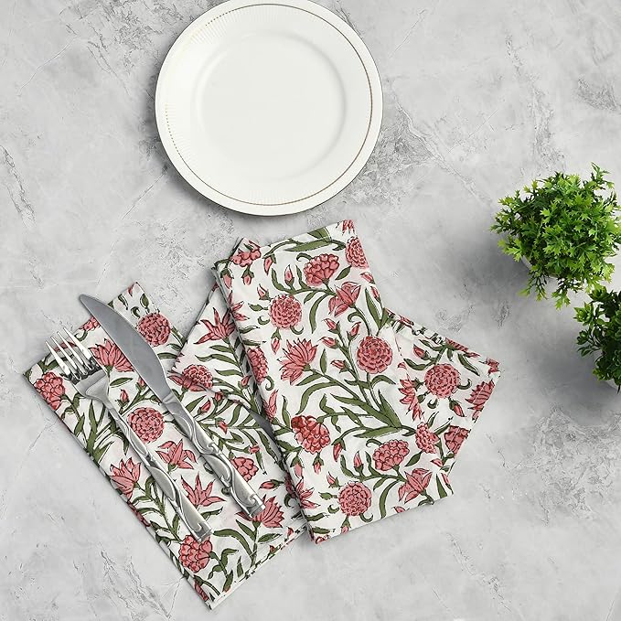 CPC Red Garnet Indian Block Print Cotton Cloth Napkins Set of 4, 18x18 Reusable Everyday Napkins, Soft, Absorbent, Floral Dinner Napkin, Holiday, Party Gift, Spring,Mother's Day
