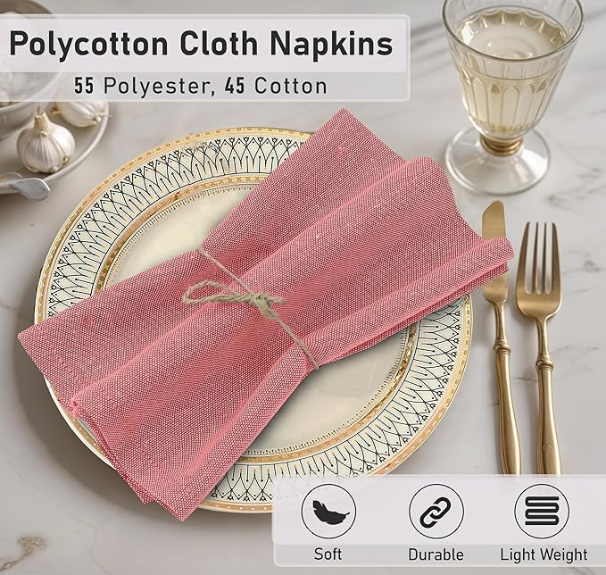 Ruvanti Cloth Napkins Set of 12, 18x18 Reusable Napkins Cloth Washable, Soft & Durable Table Napkin, Poly Cotton Fabric Dinner Napkins for Parties, Christmas, Thanksgiving, Weddings -Flame Scarlet