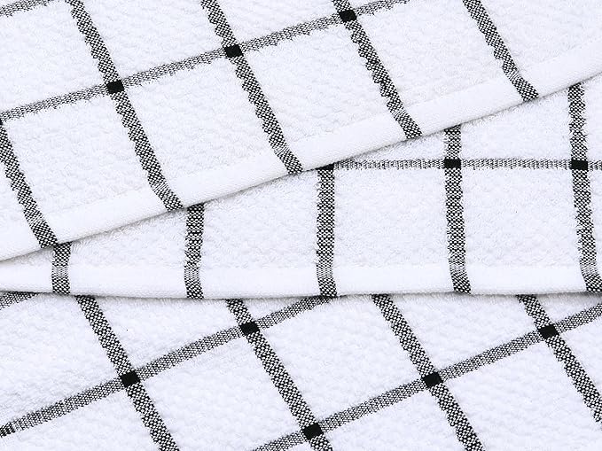 Cotton Terry Kitchen Dish Cloths, Soft Absorbent Tidy Kitchen Dish Towels (Black Plaid, 12 Inch x 12 Inch)