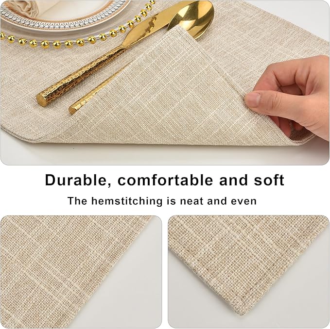 SLKQG Beige Linen Fabric Placemats Set of 4, Heat Resistant & Machine Washable Double-Layered Cloth Placemats for Dining Table, Indoor/Outdoor Use, Non-Slip Kitchen Table Mats (4, Beige Cream)