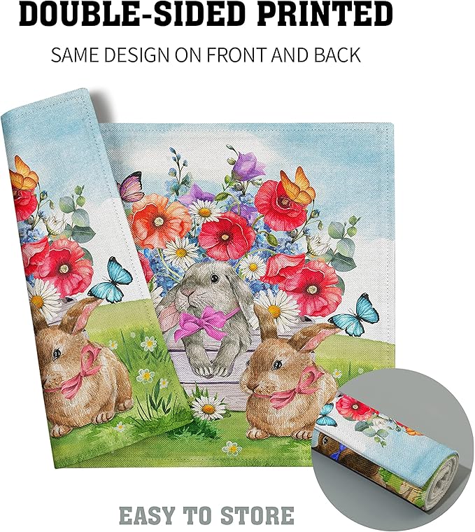 Easter Rabbit Floral Place Mats - Bunny Placemats Set Spring Flowers Colth Table Mats for Home Kitchen 12x18 in