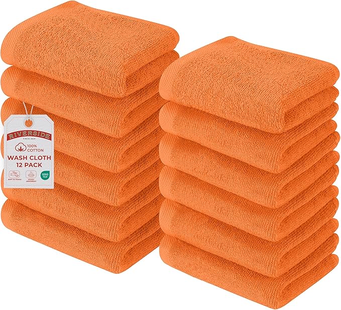 RIVERSIDE Pack of 12 Washcloths, 12 x 12 Inches, 100% Cotton, Premium Flannel Face Cloths, Highly Absorbent & Soft Feel Fingertip Towels (Orange, 12 Pack)