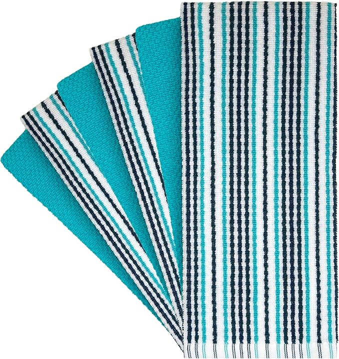 Kitchen Towels 16”x 26” - 6 Pack | Large Cotton Kitchen Hand Towels | Dish Towels | Popcorn Stripe Design | 430 GSM Highly Absorbent Tea Towels Set with Hanging Loop | Dish Towels for Kitchen | Aqua