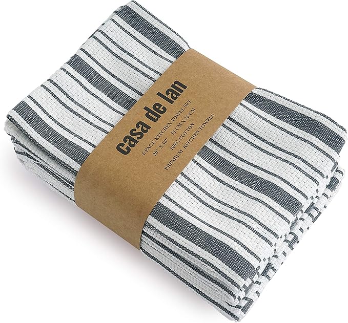 Kitchen Towels Set – Pack of 6 (20’’ x 30’’) Extra Large Premium Cotton Dish Towels for Kitchen – Basket Weave Towels – Absorbent – 100% Cotton – with Hanging Loop – Dark Grey
