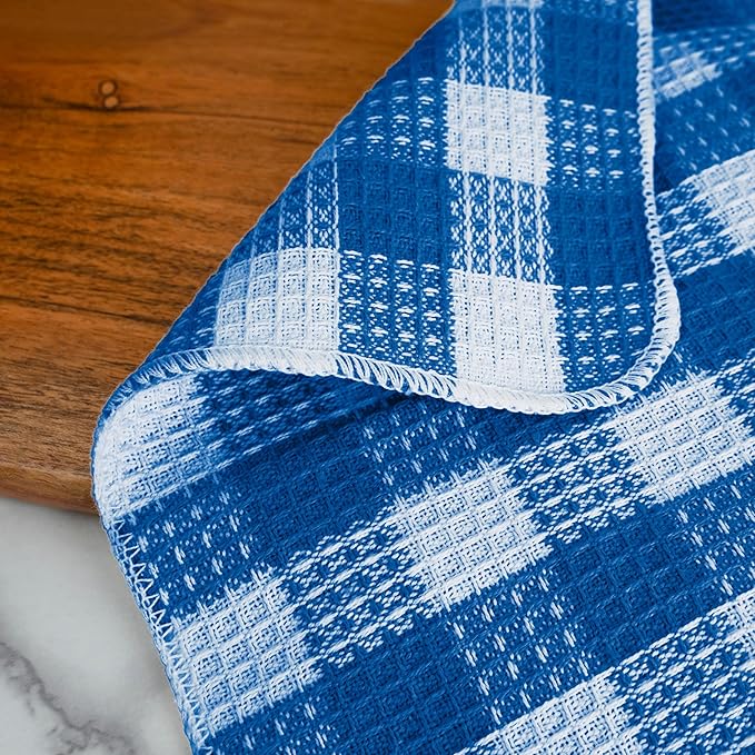 Blue Needles Set of 8 Waffle Weave Check Plaid Dish Cloths, 12x12 Inches 100% Cotton Dish Towels for Kitchen, Ultra Soft & Absorbent Kitchen Towels for Quick Drying Spring Summer - Sky Blue & White