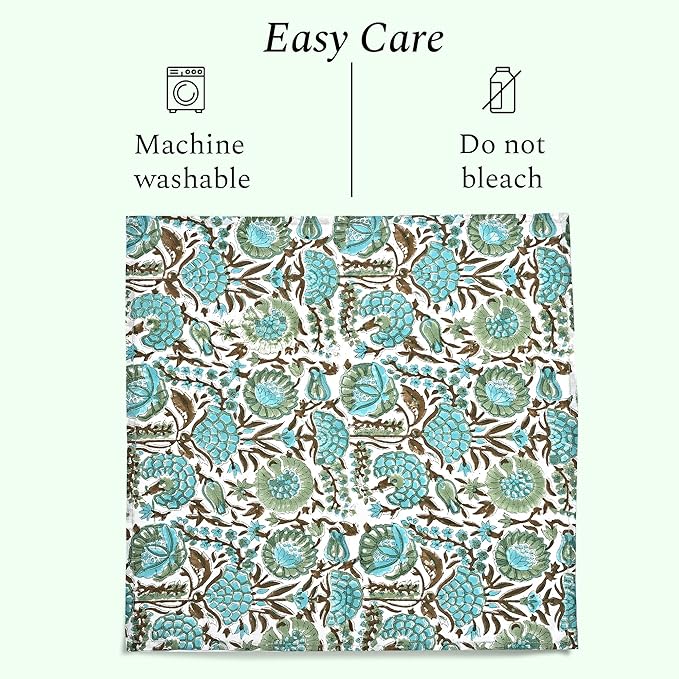 CPC Cloth Napkins Set of 4 Cotton Printed Dinner Hand Print Napkins I Wedding Cocktail Cloth Floral Napkins I 18x18 in I Aqua Green
