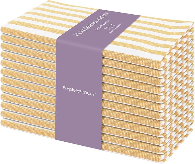 PurpleEssences Plain Striped Cloth Napkins - Set of 12-100% Cotton - 18 x 18 Inch - Spring Easter Summer and Perfect Everyday Use Dinner Napkin - Golden Yellow White