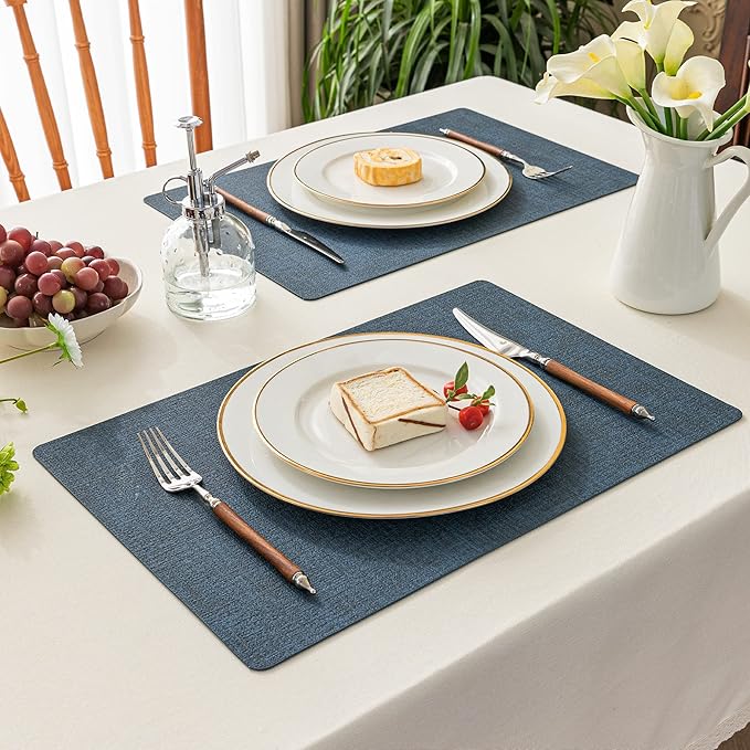 Romanstile Vinyl Placemats Set of 4-12 X 17 Inch - Faux Leather 100% Waterproof Oil-Proof Wipeable Place Mats, Heat Resistant Reversible PU Table Mats for Kitchen Dining Party Outdoor, Navy Blue