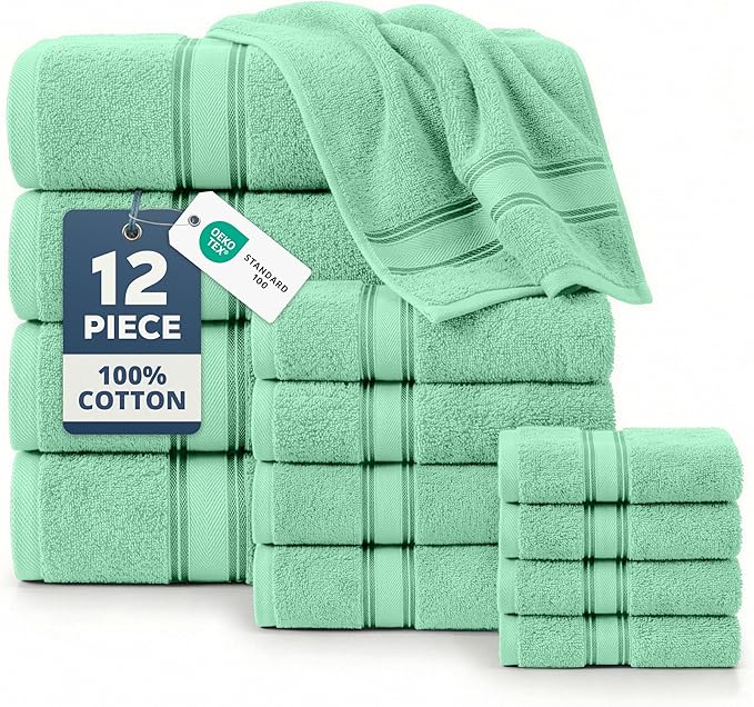 LANE LINEN Luxury Bath Towel Set of 12 – 100% Mercerized Cotton Towels, 4 Bath, 4 Hand Towel & 4 Washcloths, Zero Twist, Remains Soft & Absorbent Even After Multiple Washes - Aqua Sky
