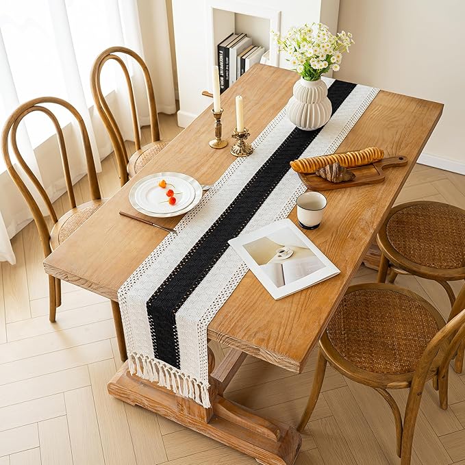 FEXIA Boho Table Runner for Home Decor with Tassels 60 Inches Long,Black Farmhouse Rustic Table Runner Macrame Burlap Table Decoration for Living Room Bridal Shower(12x60 Inches)
