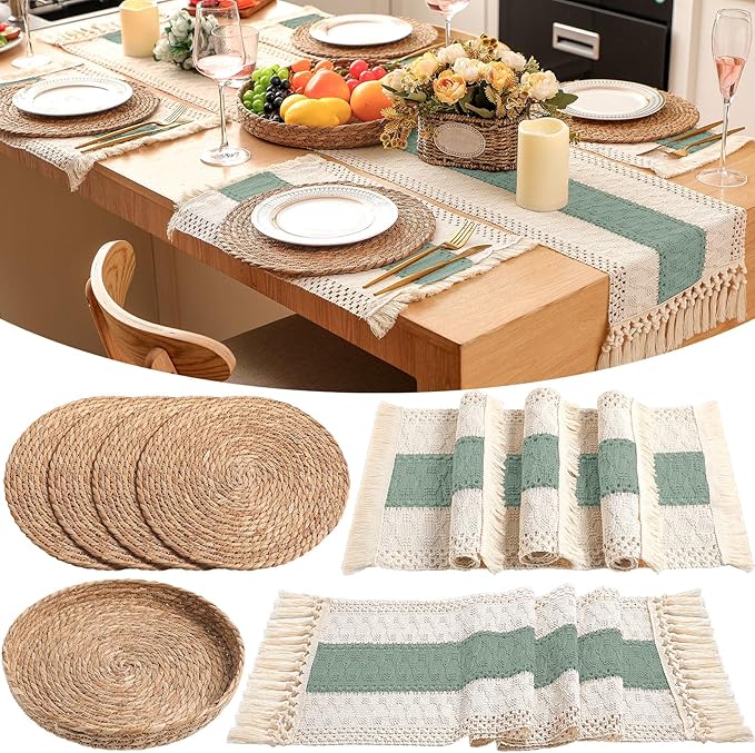 Boho Placemats 4/6/8 Set of Round Woven Placemat Macrame Style Bicolor Stitching Long Table Runner Farmhouse Rustic Natural Burlap Cotton for Kitchen Dining Table(4 Sets,Green,12x72)