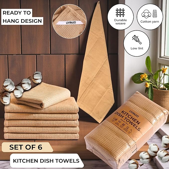 Highly Absorbent Cotton Dish Towels for Drying - Set of 6 Beige Kitchen Towels - 18"X28" Lint Free Waffle Weave Cloth Linen Hand Bathroom Bulk Dishtowels