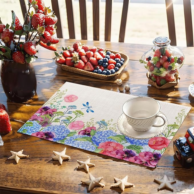 Vintage Floral Botanical Butterfly Placemats Set of 6, 12x18 Inch Waterproof Stain Resistant Linen Table Placemats Summer Seasonal Farmhouse Kitchen Party Decor Home Decor