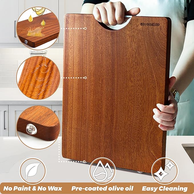 Brosisincorp Real Solid Sapele Cutting Board One Piece No Glue Non Toxic All Whole Single Wood Butcher Block Thick Hard Wood Heavy Duty Edge Grain (X-Large, 17.71"L*11.81"W*1.18"Th)