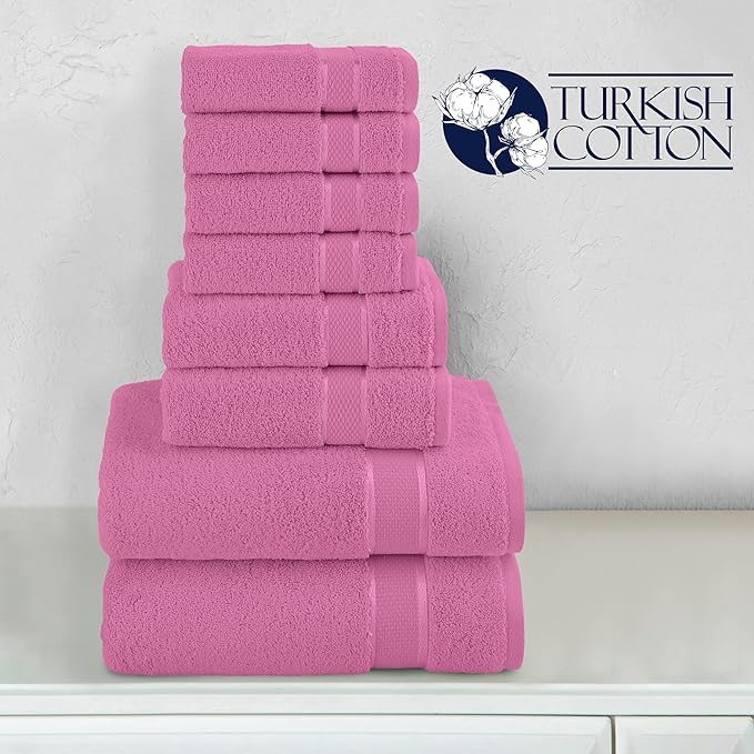 Elegant Comfort Premium Cotton 8-Piece Towel Set, Includes 4 Washcloths, 2 Hand Towels and 2 Bath Towels, 100% Turkish Cotton - Highly Absorbent and Super Soft Towels for Bathroom, Light Pink