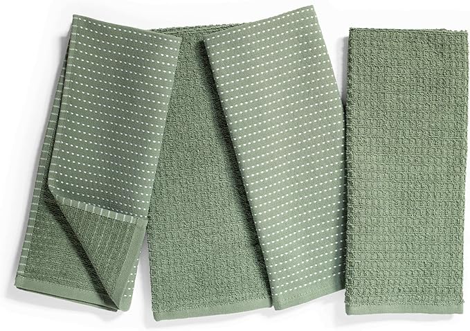 Thyme and Sage 100% Cotton Premium Turkish Kitchen Hand Towel Set, 16"x26", Ultra Absorbent, 350 GSM, Kale, Pack of 4