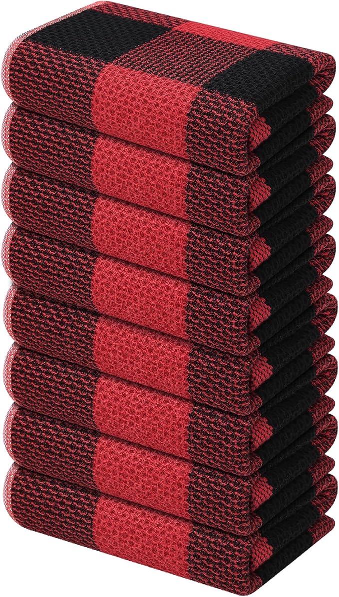 Mordimy 100% Cotton Waffle Weave Kitchen Towels, 13 x 28 Inches, Super Soft and Absorbent Buffalo Check Dish Towels for Drying Dishes, 8-Pack, Black & Red