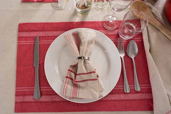 DII French Stripe Tabletop Collection Farmhouse Style Dining Table Linen Napkin Set, 20x20, Taupe/Red, 6 Piece