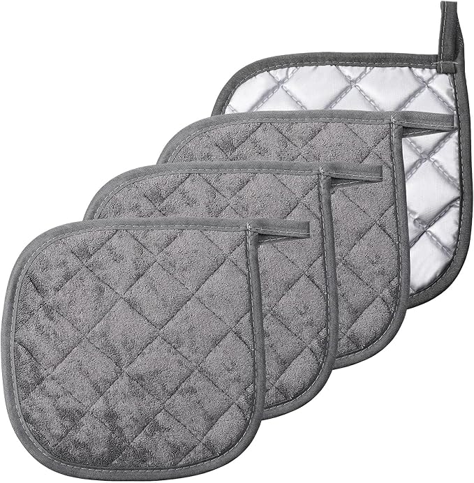 4 Pcs Kitchen Hot Pads Pot Holders Dining Essentials Decor Accessories Terry Cloth Potholders Sets with Hanging Loops for Oven Cooking Baking Pans Heat Resistant, Grey