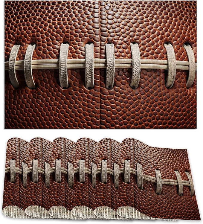 Football Texture Placemats Set of 6,Laces Stripes Placemats Washable Kitchen Dining Linen Table Mats Stain Heat-Resistant for Home Party Indoor 12x18 inch