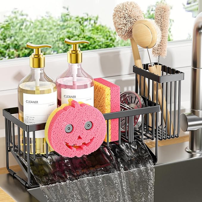 Sponge Holder for Kitchen Sink,Smiley Face Sink Caddy with Removable Brush Holder,Self-Draining Sponge Caddy for Sponge,Soap,Dish Brush,Scrubber,Kitchen Essentials and Gadgets