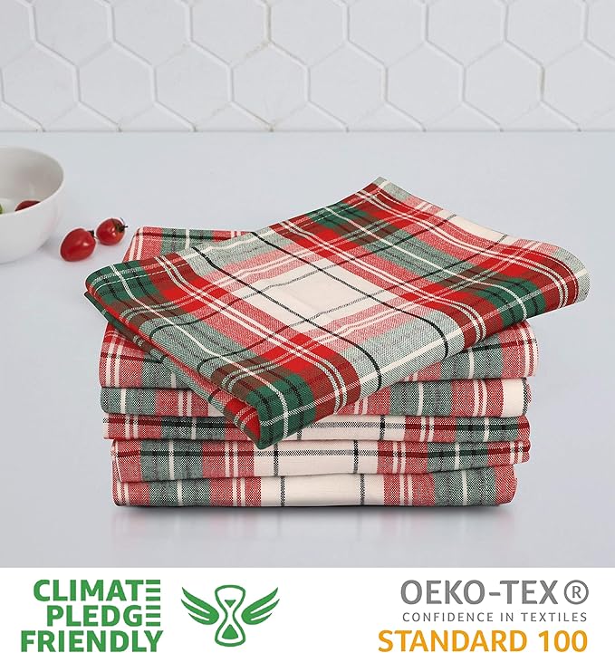 Urban Villa Christmas Kitchen Towels 100% Cotton Dish Towels for Kitchen (Set of 6) 20”x30” Dish Cloths Absorbent Kitchen Linen Set with Hanging Loop Perfect for Drying Dishes Cleaning – Christ Check
