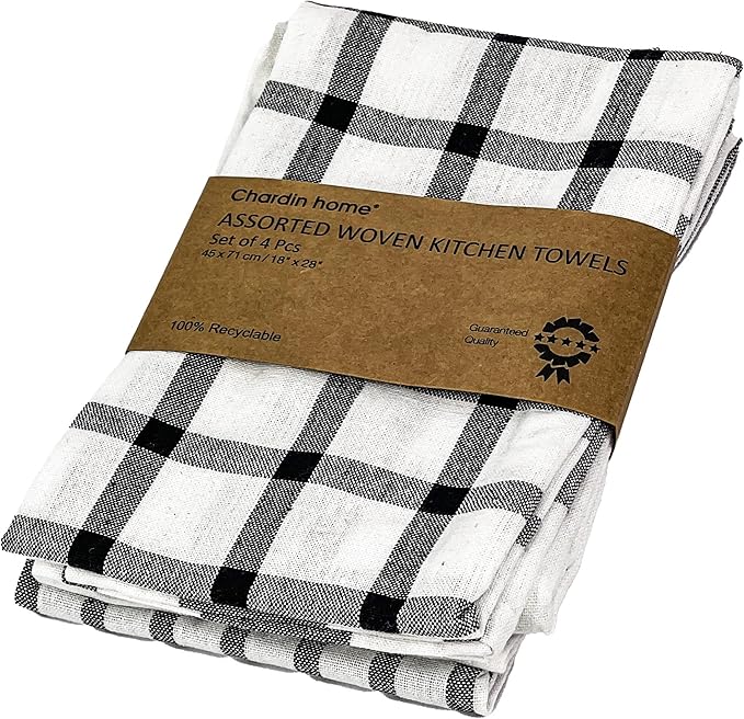 Chardin home Recycled Cotton Assorted Woven Kitchen Towels Set, Black-White | 18x28 Inch Kitchen/Dish Cloths Set of 4 |Super Absorbent Reusable Hand and countertop Towels, Ultra Soft Tea Towels
