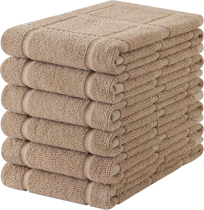 Homaxy Premium Kitchen Towels 18"x28", 6 Pack Large Cotton 380 GSM Dish Towels, Soft and Absorbent Kitchen Hand Towels with Terry Grid Design, Utility Tea Towel Set with Hanging Loop, Khaki