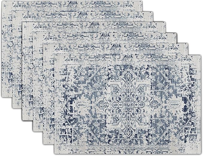 aportt Navy Blue Grey Ethnic Boho Placemats Set of 6 Bohemian Carpet Vintage Gray Linen Washable Kitchen Dining Table Mats Stain Heat-Resistant Desktop Decor Place Mats for Home Party Indoor 12x18 in