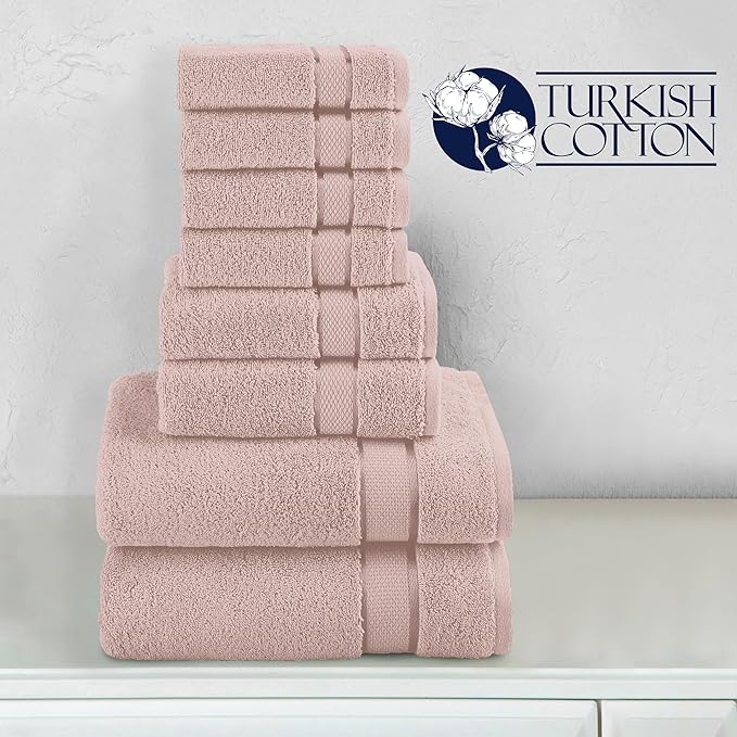 Elegant Comfort Premium Cotton 8-Piece Towel Set, Includes 4 Washcloths, 2 Hand Towels and 2 Bath Towels, 100% Turkish Cotton - Highly Absorbent and Super Soft Towels for Bathroom, Dusty Rose