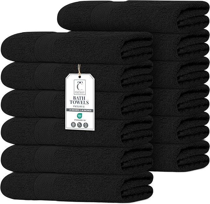 Commercial Bulk Pack of 12 Small Bath Towels – 100% Cotton Terry 24" x 46" – Ideal for Hotels, Salons, Gyms, Spas & Institutional Use – Black