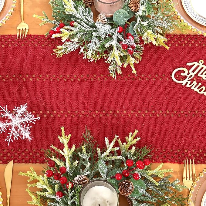 Alynsehom Macrame Table Runner Christmas Red Boho Table Runners with Tassels Hand Woven Cotton Table Runner Rustic Farmhouse Table Runners for Xmas Kitchen Dining Table(12x95in)