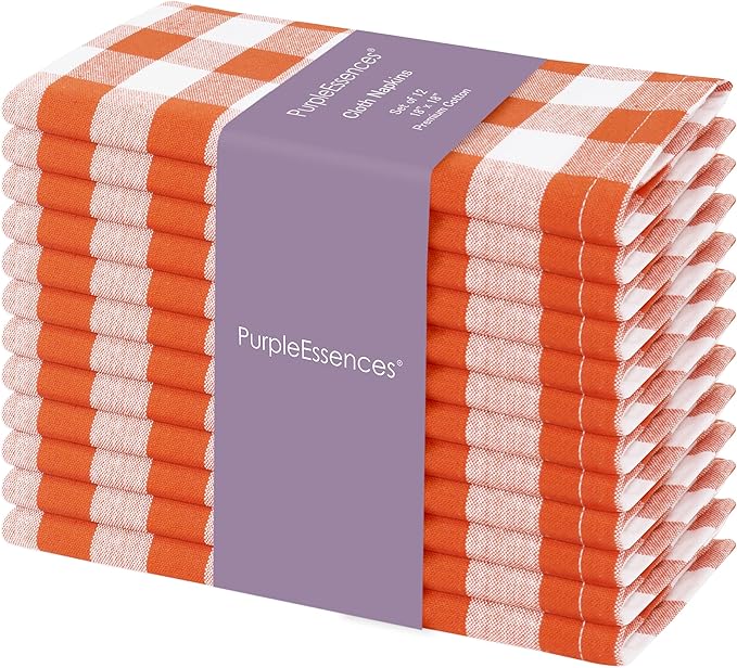 PurpleEssences Buffalo Plaid Cloth Napkins - Mitered Corners - Spring Easter Summer - Gingham Check Dinner Napkin - Set of 12-100% Cotton - 18x18 Inch - Reusable Washable - Orange and White