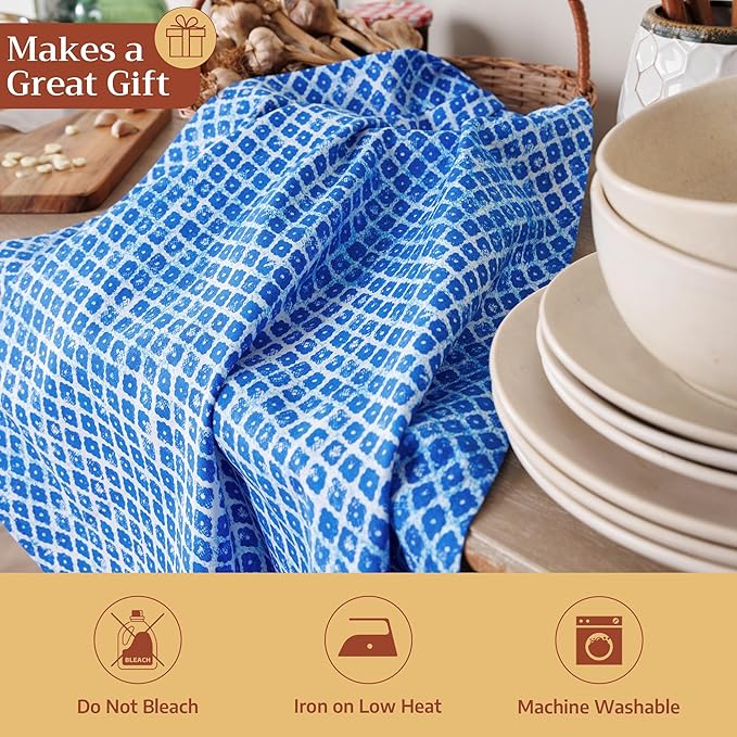 Maison d' Hermine Kitchen Towels Set of 3 100% Cotton 27.50" x 20" Reusable Cloth Tea Dish Towels Absorbent with Hanging Loop for Kitchen Gifts for Mothers Day Spring/Summer (Indigo Love)