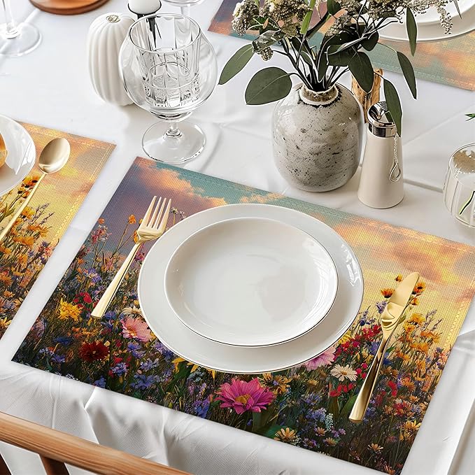 Garden Wlidflowers Placemat Set of 6,Plants Heat Resistant Linen Table Mats for Indoor Outdoor Home Kitchen Dining Room Table 12x18Inch