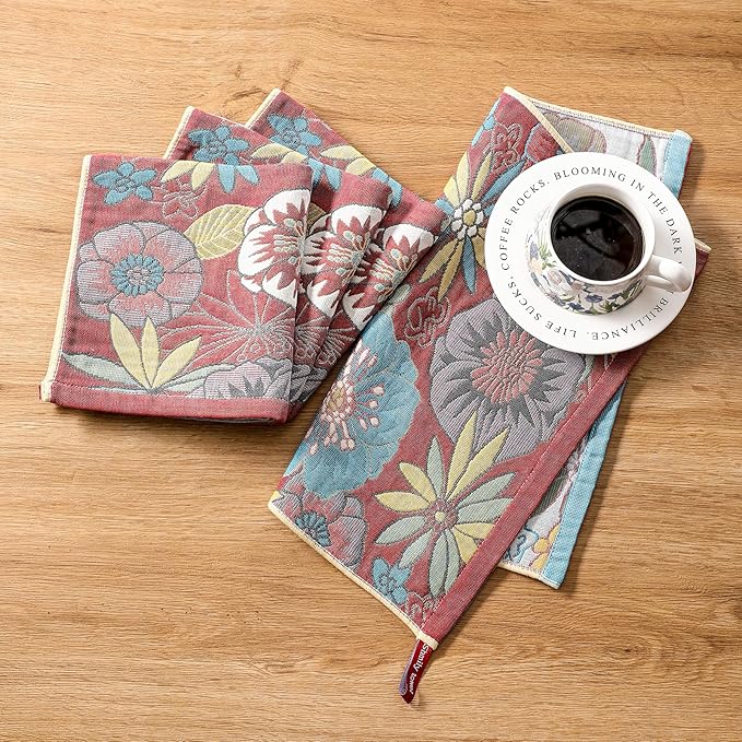 Dish Towels for Kitchen, Jacquard Woven Kitchen Towels Set, Reusable Reusable Cleaning Tea Towels Ultra Absorbent with Hanging Loop,Decorative Retro Hand Towels for Bathroom/Kitchen