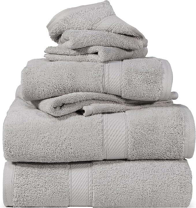 SUPERIOR Solid Egyptian Cotton Towel Set, Washcloths 13” x 13”, Hand Towels 20” x 30”, Bath Towels 30” x 55”, Silver, 6-Pieces