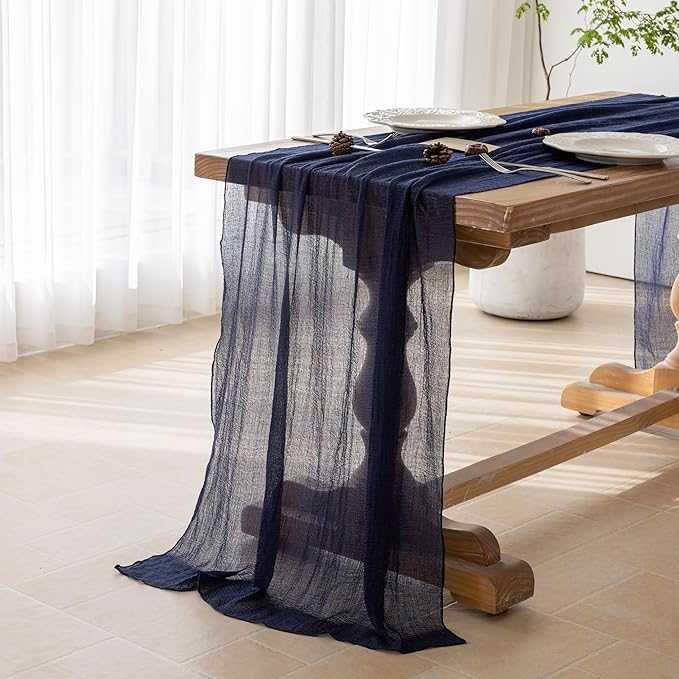 Keketoarrange 6pcs Navy Gauze Rustic Cheesecloth Table Runner 120 Inch 10 FT for Wedding Baby Shower Bridal Shower Birthday Engagement Garden Outdoor Party Long Sheer Boho Decorations